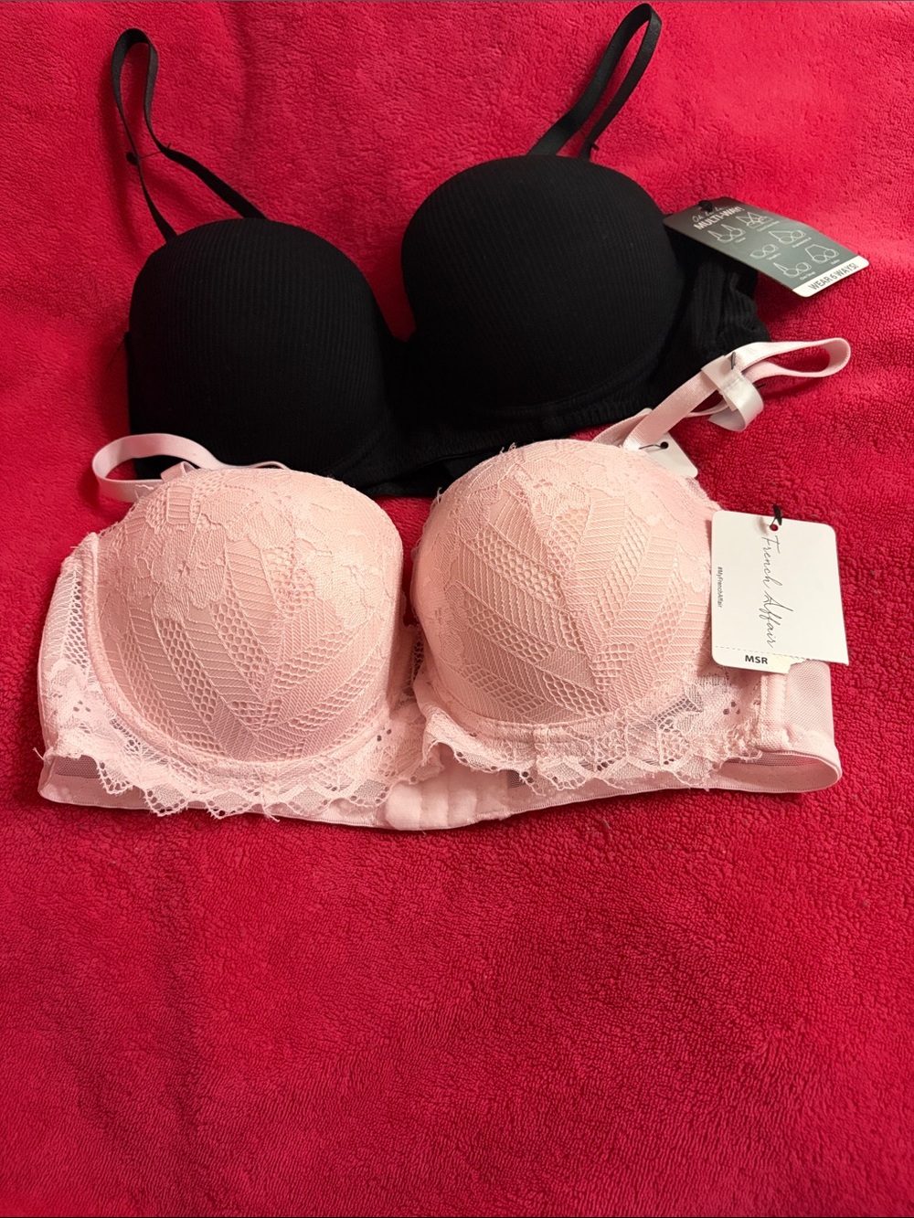 Set of Two French Affair Lace & Smooth Push-Up Bra Duo in Black and Light Pink